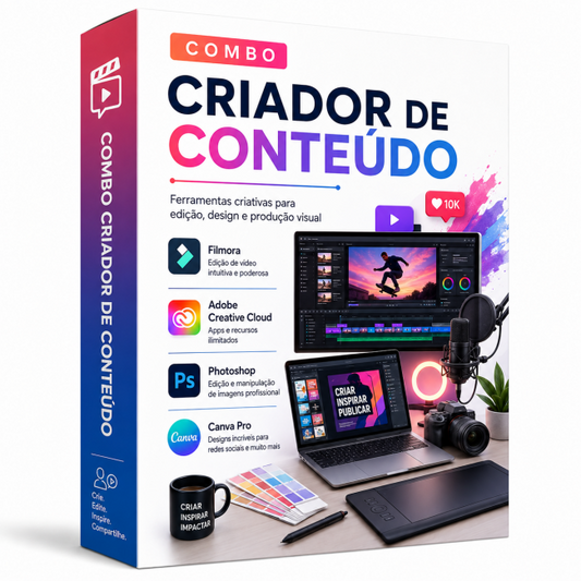 Combo Criador de Conteúdo Filmora + Adobe Creative Cloud + Photoshop + Canva Pro