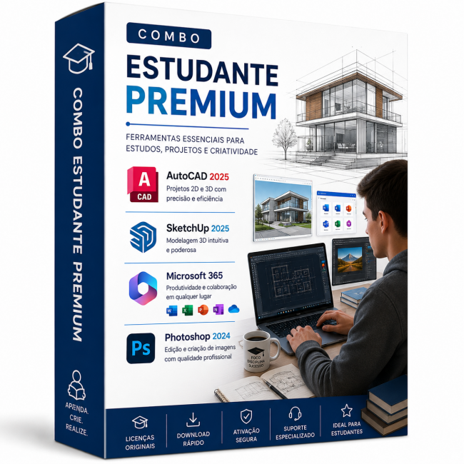 Combo Estudante Premium - AutoCAD 2025 + SketchUp 2025 + Microsoft 365 + Photoshop 2024